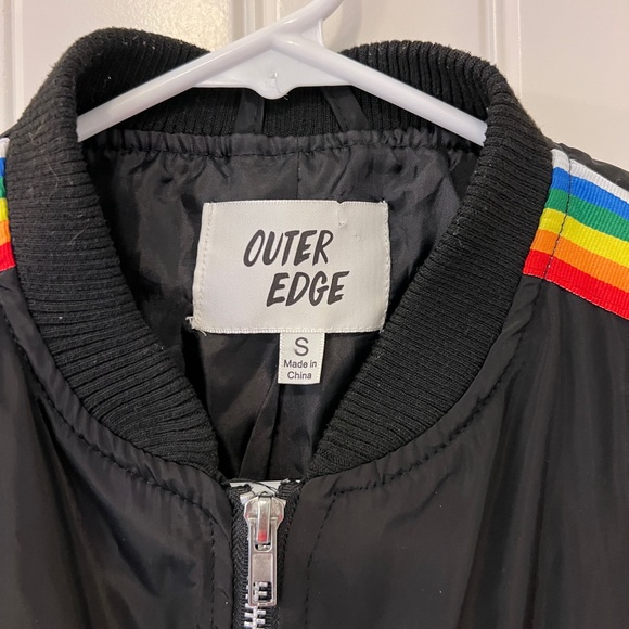 Outer Edge 80’s/90’s Women’s Small Black Bomber Jacket Rainbow Stripes Rave - Picture 3 of 11